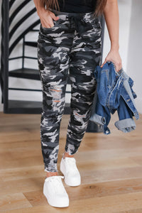 Amber High Rise Distressed Ankle Joggers - Camo Black
