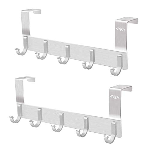 Rongyuxuan Over The Door Hook Hanger, 2 Pack Aluminum Heavy Duty Organizer for Coat Clothes Towel Bag Robe -5 Hooks,Wall Mount Tool Holder for Home Storage Organizer