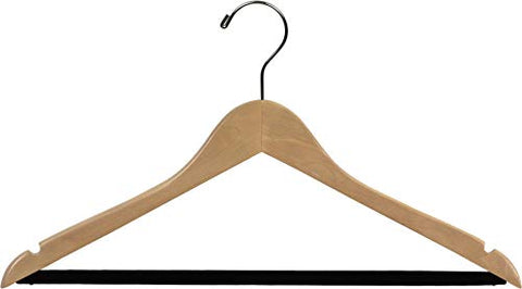 Wooden Suit Hangers w/Black Velvet Bar Natural Finish Box of 50