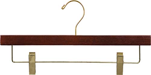 The Great American Hanger Company Wooden Pant Hanger w/Adjustable Cushion Clips, Box of 100 Flat Wood Bottom Hangers w/Walnut Finish and Brass Swivel Hook for Jeans Slacks or Skirt