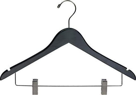 Black Wood Combo Hanger w/ Adjustable Cushion Clips, Box of 50 Space Saving 17 Inch Flat Wooden Hangers w/ Chrome Swivel Hook & Notches for Shirt Jacket or Dress by The Great American Hanger Company