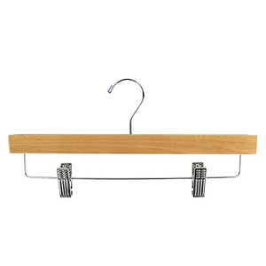 14" SKIRT/SLACK WOODEN HANGER - NATURAL (10 PACK) CHROME SWIVEL METALTAL HOOK, NATURAL COLOR WOOD FINISH.