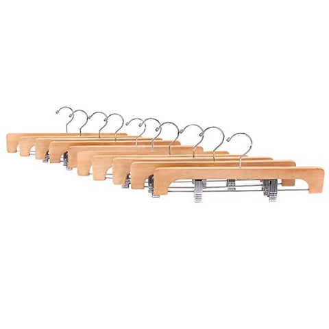 JS HANGER Heavy Duty Natural Finish Wooden Pants Hangers with Anti-rust Hook and Clips, 10-Pack