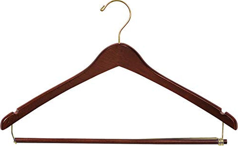 The Great American Hanger Company Wooden Curved Suit Hanger w/Locking Bar, Walnut Finish with Brass Hardware, Box of 25