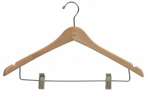 The Great American Hanger Company Curved Wood Combo Hanger w/Adjustable Cushion Clips, Box of 100 17 Inch Wooden Hangers w/Natural Finish & Chrome Swivel Hook & Notches for Shirt Jacket or Dress