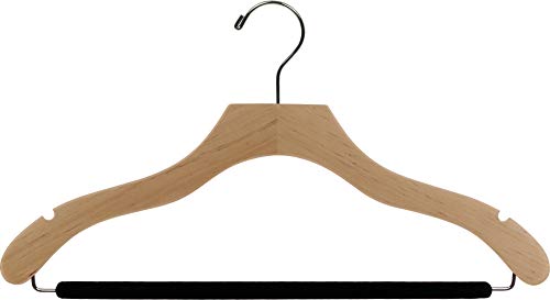 The Great American Hanger Company Wavy Wooden Suit Hanger with Natural Finish and Black Velvet Non-Slip Bar, Box of 25 Flat 17 Inch Hangers with Chrome Hook & Notches