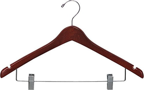 The Great American Hanger Company Wood Curved Combo Hanger w/Adjustable Cushion Clips, Box of 100 17 Inch Wooden Hangers w/Walnut Finish & Chrome Swivel Hook & Notches for Shirt Jacket or Dress