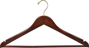 The Great American Hanger Company Wood Suit Hanger w/Solid Wood Bar, Box of 100 Space Saving 17 Inch Flat Wooden Hangers w/Walnut Finish & Brass Swivel Hook & Notches for Shirt Dress or Pants