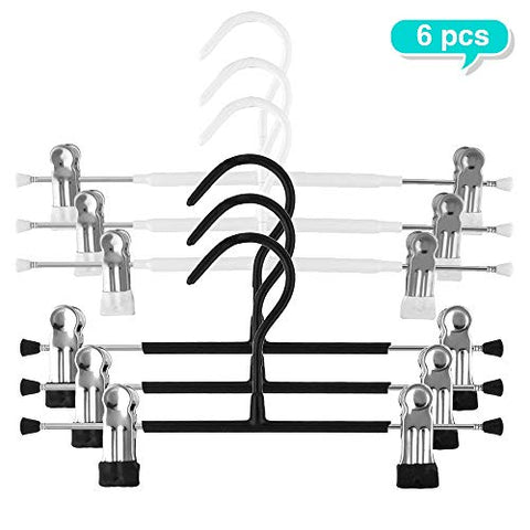 6PCS Pant Skirt Hangers , Clothes Closet Space Saver With 2 Mental Adjustable Clips , 12.2" Heavy Duty - Non Slip - Suit Saving Bulk Slack Hanger For Bags , Jeans , Tie , Socks , Sweater Random Color