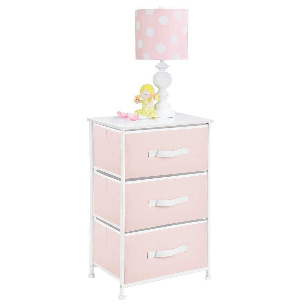 Get mdesign 3 drawer vertical dresser storage tower sturdy steel frame wood top and easy pull fabric bins multi bin organizer unit for child kids bedroom or nursery light pink white