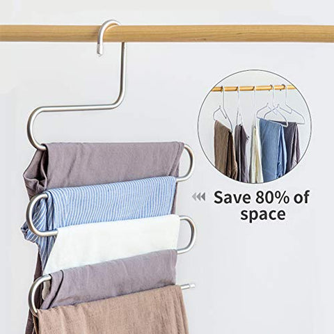 Heavy-Duty S Type Clothes Pants Hangers 5 Layer S-Shape Stainless Steel Hangers with Clips,Space Saving Hanger for Pants, Trousers, Jeans, Scarves, Hanging Accessories, Towels (1 Pack)