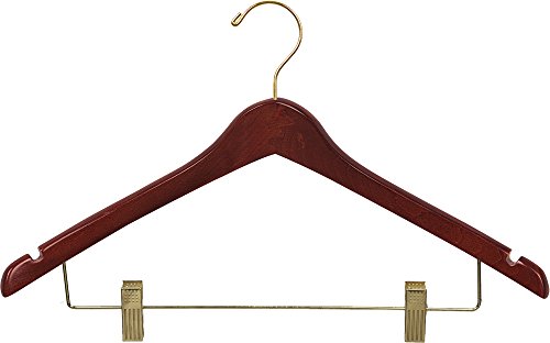 The Great American Hanger Company Curved Wood Combo Hanger w/Adjustable Cushion Clips, Box of 25 17 Inch Wooden Hangers w/Walnut Finish & Brass Swivel Hook & Notches for Shirt Jacket or Dress