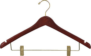 The Great American Hanger Company Curved Wood Combo Hanger w/Adjustable Cushion Clips, Box of 100 17 Inch Wooden Hangers w/Walnut Finish & Brass Swivel Hook & Notches for Shirt Jacket or Dress
