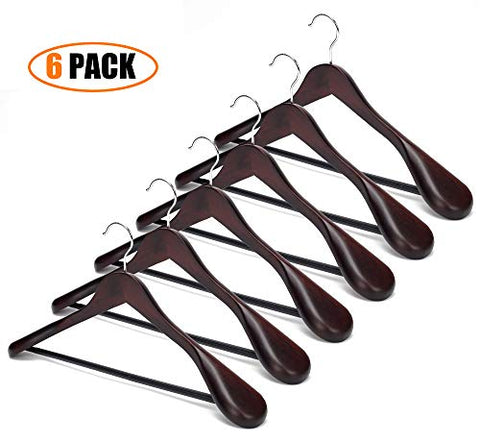 EAZONE Solid Wooden Extra-Wide Shoulder Suit Coat Hangers Wooden Coat Hangers with Non Slip Pants Bar and 360 Swivel Hook Retro Finish, 6-Pack