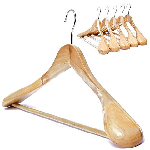 Clutter Mate - Set of 6 - Premium Finished Wooden Suit Hangers, Natural Wood-Grain Coat, Solid Wood Hangers, Wide Shoulder Heavy Clothes Hanger for Suits, Jacket, Non Slip Pants, with Swivel Hook