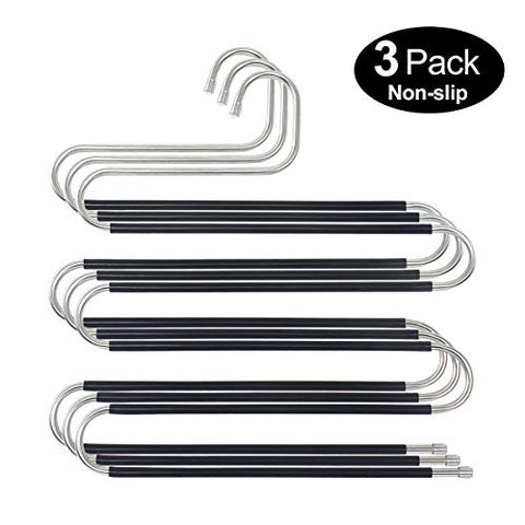 HuaQi S Shape Clothes Pants Hangers Non Slip Closet Storage Organizer Multi Space Saving Hanger for Pants Jeans Belt Tie Scarf Legging (3-Pieces)