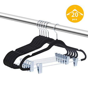 TIMMY Velvet Hangers with Clips 20 Pack Non Slip Clothes Hangers Ultra Thin for Pants Hangers Skirt Hangers with Swivel Hooks(Black)