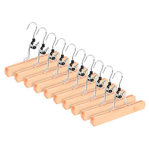 RoyalHanger Wooden Hangers 10 Pack, Skirt Hangers Pant Hangers Collection Wood Hangers Clamp Hanger Trouser Hangers, Non Slip, Natural Finish