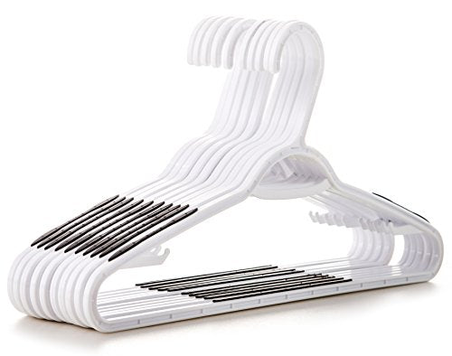 Popular Design Products 10 pc White Plastic Hangers with Built-In Grey Grip Strip Non-Slip Pads - Perfect for Dresses, Blouses and Pants - Work Great for Shirts, Ties, Scarves and Sweaters