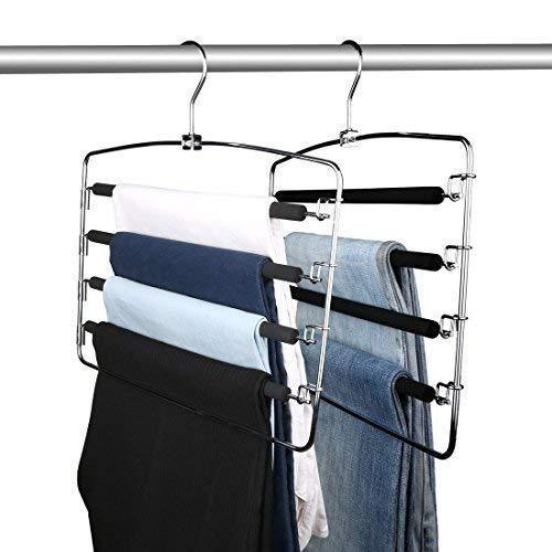 Globle Direct Clothes Pants Hangers 2 Pack, Multi Layers Metal Pant Slack Hangers, Space Saver Storage Pant Rack, Swing Arm Slack Non-Slip Foam Padded Closet Storage for Jeans Trousers, Skirts, Scarf