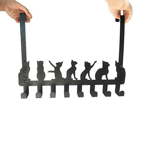 Frjjthchy Creative Cat Over Door Hook Hanger Decorative Organizer Hooks Rack with 8 Hooks (S, Black)