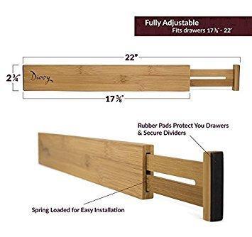 Best bamboo wooden drawer divider set of 4 adjustable organizers natural organic bamboo expandable spring loaded works in kitchen dresser bathroom bedroom desk baby