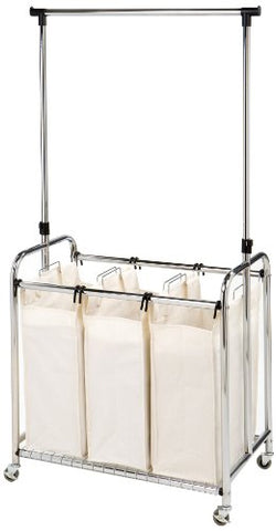 Seville Classics Mobile 3-Bag Heavy-Duty Laundry Hamper Sorter Cart with Clothes Rack