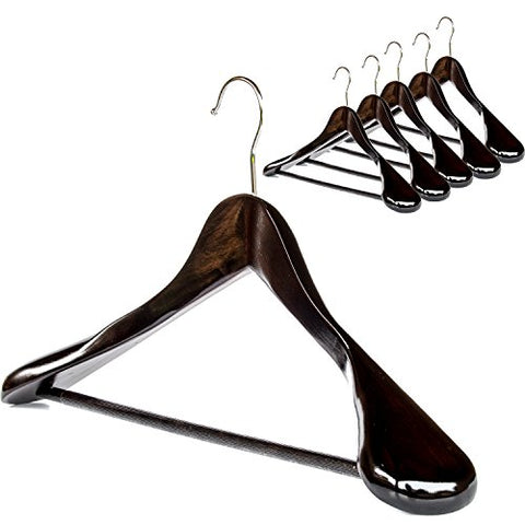 Clutter Mate - Set of 6 - Premium Finished Wooden Suit Hangers, Dark Walnut Solid Wood Hangers with Wood-Grain, Wide Shoulder Heavy Clothes Hanger for Suits, Jacket, Non Slip Pants, Swivel Hook