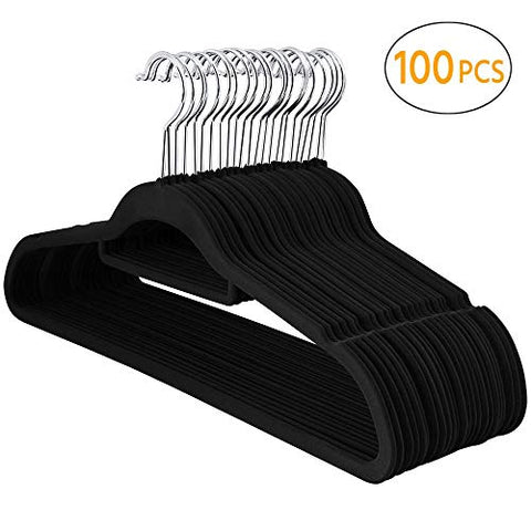 Yaheetech Premium Velvet Flocked Hangers 100 Pack Non Slip Black Clothes Suit Hangers Hook Swivel 360 Ultra Thin