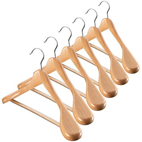 High-Grade Wide Shoulder Wooden Hangers 6 Pack with Non Slip Pants Bar - Smooth Finish Solid Wood Suit Hanger Coat Hanger, Holds upto 20lbs, 360° Swivel Hook, for Dress, Jacket, Heavy Clothes Hangers