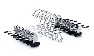 6 Quality Pants Hangers Heavy Duty Add-on Skirt/Slack Metal Hanger, Extra Wide Adjustable Clips, Multi Stackable Add on Hangers, Chrome, Jeans, Bottoms, Set of 6