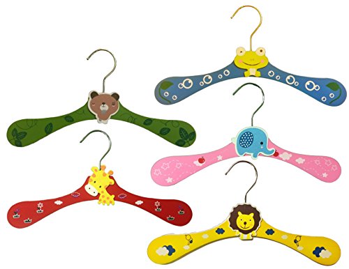Mr. Unique Home Cartoon Animal Wooden Baby Clothes Hanger Set | 5 Pieces | Lion, Frog, Elephant, Giraffe, Dog designs | | Great for Babies, Kids, and Children’s Clothing.