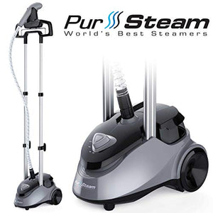 PurSteam Full Size Garment Fabric Steamer Professional Heavy Duty Industry Leading 2.5 Liter (85 fl.oz.) Water Tank Producing Over 60min of Continuous Steam with 4 Level Steam Adjustment