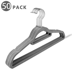Flexzion Velvet Hanger 50 Pack - Non Slip Dress Hanger with Accessory Bar Space Saving, Strong and Durable with 360 Degree Swivel Hook, Contoured Shoulder for Shirts Clothes Coat Suit Pants (Gray)