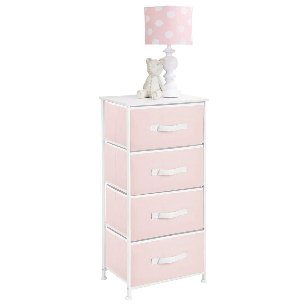 Budget mdesign 4 drawer vertical dresser storage tower sturdy steel frame wood top and easy pull fabric bins multi bin organizer unit for child kids bedroom or nursery light pink white