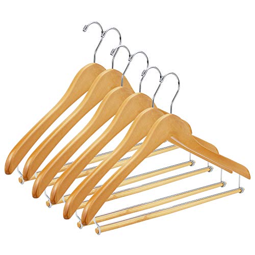 Tosnail Natural Wooden Suit Hangers, Wood Coat Hangers Pant Hangers with Locking Bar - 6 Pack