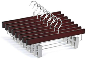 TOPIA HANGER 20-Pack Cherry Wooden Pants Hangers, Luxury Wood Skirt Hangers, Glossy Finish with Extra Thick Chrome Hooks & Anti-Wrinkle Clips CT03M