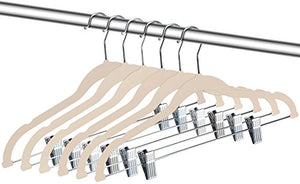 ZOYER Velvet Clothes Hangers with Clips - 12 Pack - Velvet Skirt Hangers - Non-Slip Pant Hangers (Ivory)