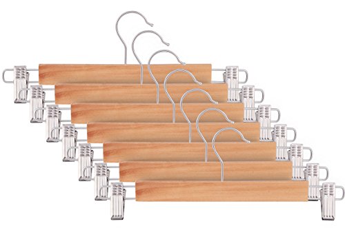 ZOYER Wooden Skirt Hangers with Adjustable Clips (10 Pack) Pant Hangers with 2-Adjustable Anti-Rust Clips Natural Finish
