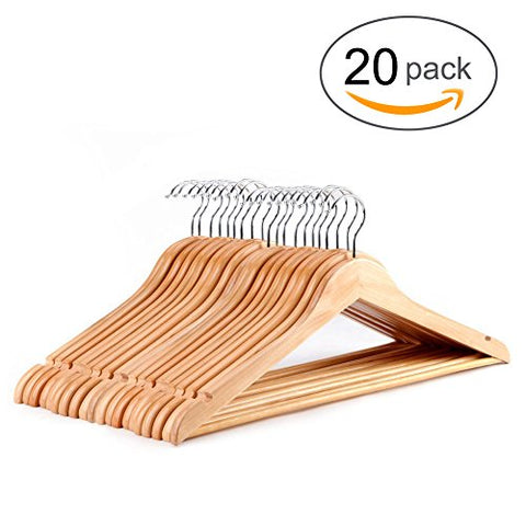 T-MAX Solid Wooden Suit Hangers, Polished Chrome Hooks, Natural Polished, 20 Pack