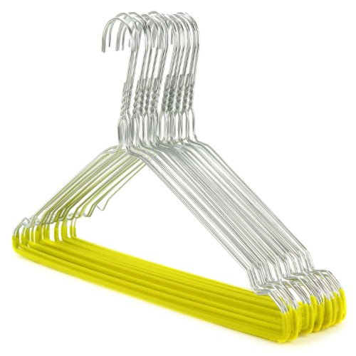 HANGERWORLD 20 Silver 16inch Wire Metal Notched 13 Gauge Clothes Garment Coat Hangers Yellow Flocked Non Slip Pants Bar