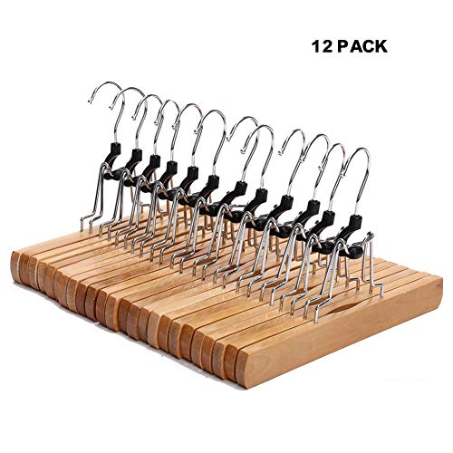 JS HANGER Wooden Pants Hangers, Wool Skirt Hangers Mark Free, 12 Pack Collection Slack Clamp Hangers with Anti-Rust Hooks, Natural Finish