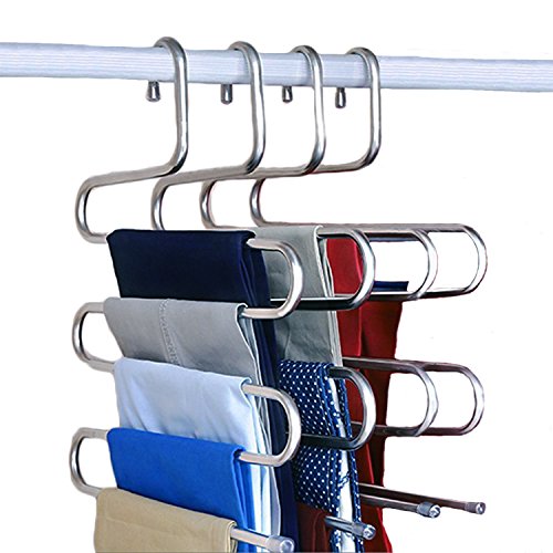 NewShimer S Shaped 5 Tier Pants Hangers Stainless Steel Clothes Hangers Closet Organizer for Scarf, Leggings,Jeans,Towels, Shower (4-Pieces)