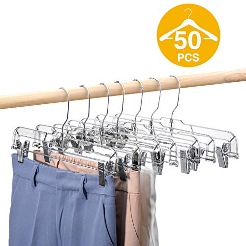 HOUSE DAY 50 Pack 14 inch Clear Plastic Skirt Hangers with Clips, Skirt Hangers, Clip Hangers for Pants,Trouser Bulk Plastic Pants Hangers