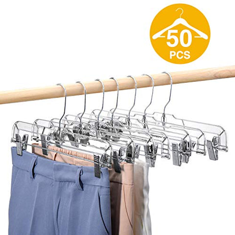 HOUSE DAY 50 Pack 14 inch Clear Plastic Skirt Hangers with Clips, Skirt Hangers, Clip Hangers for Pants,Trouser Bulk Plastic Pants Hangers