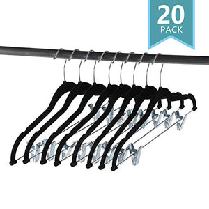 SMART ONYE Pack of 20 Strong and Durable-Heavy Duty-Velvet Clothes Hangers with Clips-Space Saving Velvet Skirts Hangers-Non Slip Velvet Pants Hangers-360 Degree Swivel Hook-Black