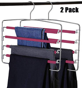 RosinKing Slack Hangers Swing Arm 2 Pack Non Slip Multi Layers Removeable Stainless Steel Jean Hangers with Foam Padded Rotatable Hook for Space Saving Clothes Trousers Closet Organizer