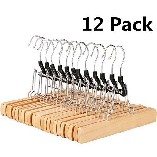 HOMEIDEAS Wood Pants Hangers Non Slip Wooden Pants Hangers Clamp Pants Hangers for Skirts, Slacks & Jeans,10 Inch Set of 12 Natural