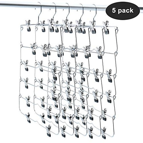 Homend 6 Tier Skirt Hangers Foldable Pants Hangers Closet Organizer Stainless Steel Fold up Space Saving Hangers (5 Pack)