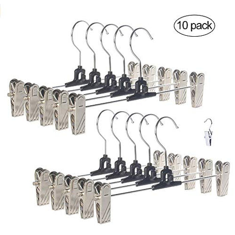 VACUO Add-On Skirt Hangers Two Adjustable Non-Slip Clips,Space Saving,Chrome Jeans & Trouser Hangers,[Upgrade,Set of 10]